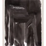 Framed ink drawing of simple wooden chair with 'Thoughts' inscribed on the seat back
