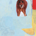 Model covered in an eye and pools of blue and yellow paint