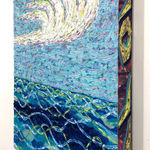 Painting of choppy blue water with white cirrus cloud overhead