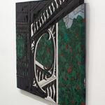 Right angle view of mixed media painting depicting architecture with a botanical background