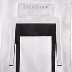Ink drawing of simple wooden chair with 'Exhaustion' inscribed on the seat back