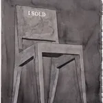 Ink drawing of simple wooden chair with 'I Sold' inscribed on the seat back