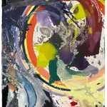 Multicolored abstract painting on paper with washes, stripes, and globs