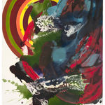 Multicolored abstract painting on paper with washes, stripes, and globs