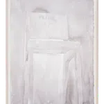 Framed ink drawing of simple wooden chair with 'Praise' inscribed on the seat back