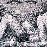 Oil on panel painting of reclining topless male figure looking at mountains and a setting sun in the background