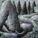 Oil on panel painting depicting a shirtless reclining figure with pine trees and a crescent moon in the background