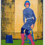 Multi colored print of woman on stool