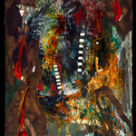 Abstract painting with green, yellow, black and grey layered in the middle.