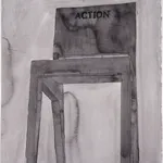 Ink drawing of simple wooden chair with 'Action' inscribed on the seat back