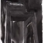 Ink drawing of simple wooden chair with 'Thoughts' inscribed on the seat back