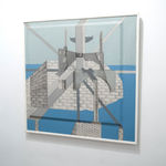 Side view of grey building abstracted on light blue background