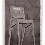 Framed ink drawing of simple wooden chair with 'I Sold' inscribed on the seat back
