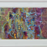 Multicolored abstract work featuring shades of purple, green, yellow and blue