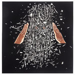 Cut black paper showing head cut as filigree from paper pierced by two eyes, sandwiched between two painted brown hands