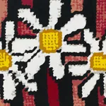Detail of striped needlepoint painting with daisys against white wall
