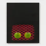 Graphic painting of green apples on red and black checkerboard on black background, against white wall