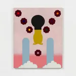 Colorful graphic painting with flowers and clouds against white wall