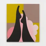 Colorful graphic painting of legs against pink cloud and grid, against white wall