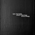 A wide-angle view of the artwork "Our demons would destroy each other," showing the matte finish of the black paint and how directional light emphasizes the raw, tactile ridges of the surface.