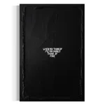 A vertical black and white typographic painting titled "When you think of me you should think of fire," featuring the hand-painted text in white centered on a deep, heavily textured black background.