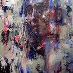 Original Painting with spray paint by British female artist Toni Codgell titled Wild Birds, depicting a close-up of a women’s face with layers of beige, blue and pick accents with painted words and collaged images in a street art style. Turner Art Perspective, Essex Gallery.