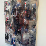 Original Painting with spray paint by British female artist Toni Codgell titled Wild Birds, depicting a close-up of a women’s face with layers of beige, blue and pick accents with painted words and collaged images in a street art style. Turner Art Perspective, Essex Gallery.