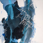 Abstract Square Painting on canvas by artist anika de souza, showing a inky blue gestures with caligraphy. Turner art perspective, essex gallery