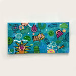 Blue and green cartoon street style art landscape painting hung on gallery wall