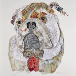 collaged print of brown white English bull dog in red tux at turner art perspective and tap galleries by peter clark