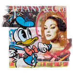 lhouette artist using collage acrylic diamond dust featuring Disney characters like Donald duck with orange blue white red brown colours