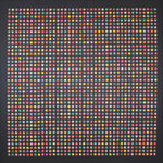 A grid of evenly spaced, multicolored dots on a black background, creating a vibrant, randomized pattern.