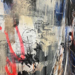 Original Painting with spray paint by British female artist Toni Codgell titled Wild Birds, depicting a close-up of a women’s face with layers of beige, blue and pick accents with painted words and collaged images in a street art style. Turner Art Perspective, Essex Gallery.