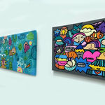 Three cartoon street style art landscape painting hung on gallery wall