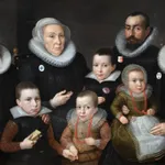 Attributed to Salomon Mesdach (d. before 1644), Four unknown siblings with their dog, Painted 1627