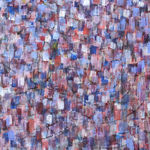 Detail of Acrylic and mixed media on canvas in an abstract expressionist mode of thousands of multicolored, primarily blue, small vertical marks