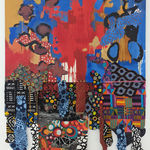 Colorful artwork comprised of oil paint and patterned fabric extending past the botto of the canvas in a "neo-African abstract expressionist" mode