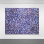 Acrylic and mixed media on canvas in an abstract expressionist mode of thousands of multicolored, primarily blue, small vertical marks