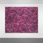 Acrylic and mixed media on canvas in an abstract expressionist mode of countless multicolored, primarily purple, small marks