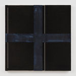 A square canvas is covered in black acrylic paint and divided into four equal parts by a black cross consisting of paint and crushed glass. Two vertical thin white lines run paralell to one another down the center of the canvas and along its left edge.