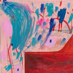 Detail of Three canvases stacked. The bottom canvas is painted a light pink with shades of blue strokes flicking upwards. The middle canvas is painted a deep red with darker finer swirled strokes. The top canvas is a black and yellow square with layered shapes of brown, blue and yellow.