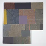 Six-sided shaped acrylic painting divided into rectangular parcels of muted yellows, greens, blues, and purples with a faint grid overlaid