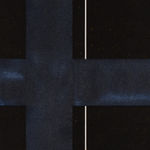 A detailed view of a square canvas covered in black acrylic paint and divided into four equal parts by a black cross consisting of paint and crushed glass.