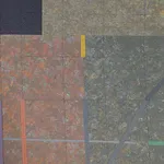 Six-sided shaped acrylic painting divided into rectangular parcels of muted yellows, greens, blues, and purples with a faint grid overlaid