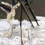 Detail of a tridimensional black, white, and brown acrylic painting with a sliced fiddle bass mounted onto the canvas