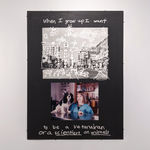 Two photographs on a black board, one is black and white of a street with white child-like doodles on top of it, the other is a young boy holding a book, the words “When I grow up, I want to be a veterinarian or a scientist on animals,” written in silver pen on the top and bottom of the page