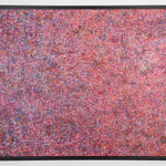 Acrylic and mixed media on canvas in an abstract expressionist mode of thousands of multicolored, primarily purple, small rings creating a sense of cosmic depth