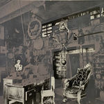 Detail of Collaged black and white image of a room containing a collection of objects