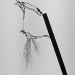 Detail of Graphite on paper drawing of a slanted form with two central harsh and detailed figures.