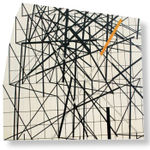 White acrylic painting on an irregularly-shaped masonite board with thin, overlaid black grid lines and thicker stright black lines and one yellow line in an erratic pattern
